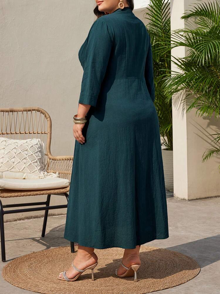 Plus Size Notched Collar Tie Waist Dress With Front Slit