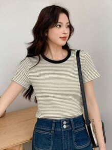 DAZY 女士圓領條紋短袖t恤 - 黑與白 - 查看 4