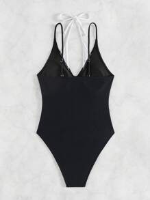 SHEIN Swim 女士二合一拼色高开叉连体泳衣 夏季 - 黑與白 - 查看 7