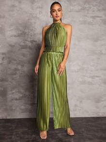 SHEIN BAE Màu xanh lá cây gradient xếp li xếp li Halterneck gợi cảm lớn hở lưng eo-Cinching xù vai lạnh áo ba lỗ nữ - màu xanh lá - Xem 4