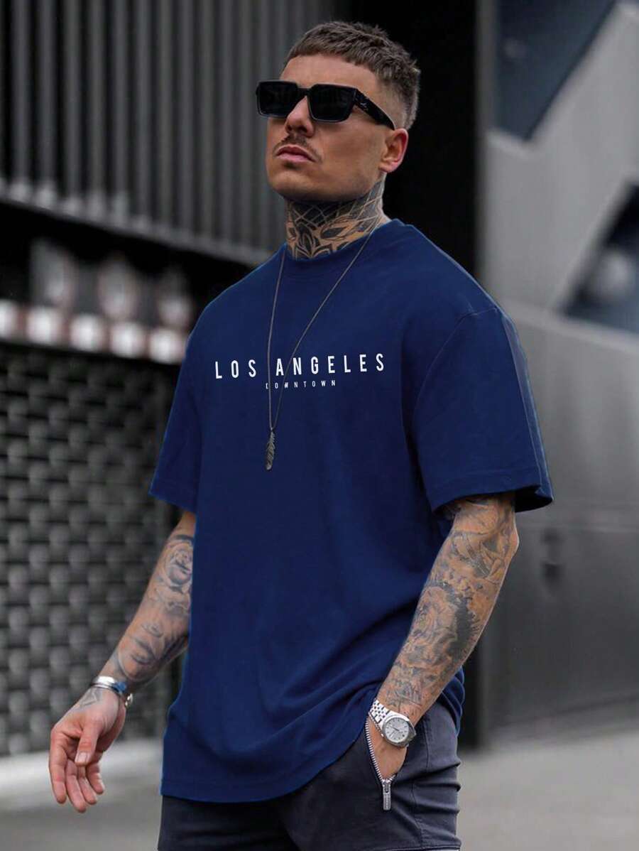 男士時尚圓領字母印花休閒短袖t恤 - 藏蓝色 - 查看 1