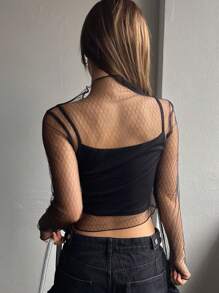 DAZY 女式网眼长袖透明上衣外出上衣节日夏季返校服装 - 黑色 - 查看 2