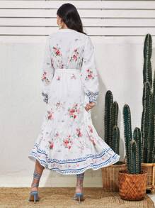 Modelyn Của phụ nữ Hoa In Đèn lồng Tay áo dài Thắt lưng Váy sơ mi - trắng - Xem 7