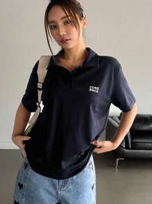 DAZY 翻领半襟宽松短袖女式字母印花T恤，秋季服装学院风上衣