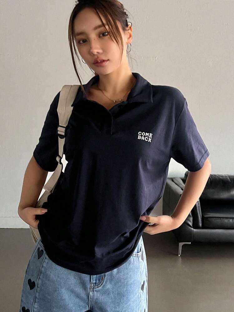 Lapel Half Placket Loose Short Sleeve Women's T-Shirt With Letter Print,Fall Clothes Preppy Tops