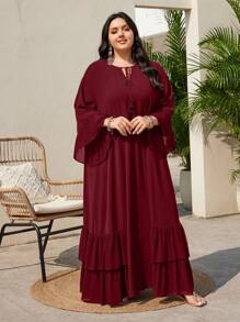 Mulvari Burgundy Red Plus Size Twist Collar Ruffle Trim Decorated Dress - Burgundy - View 4