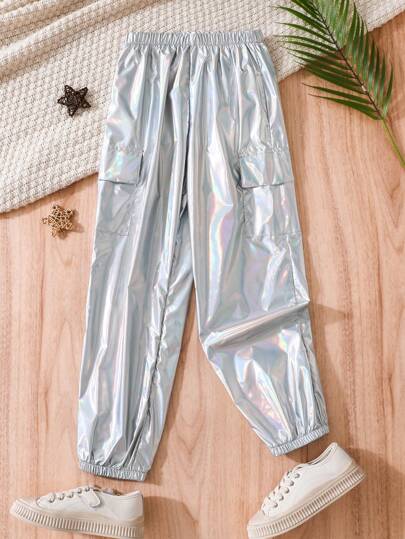 Metallic Folded Pocket Pants For Tween Girls, And Edgy, Metallic Design, Folded Pockets, High-Waisted And Loose-Fitting, School, Campus, College