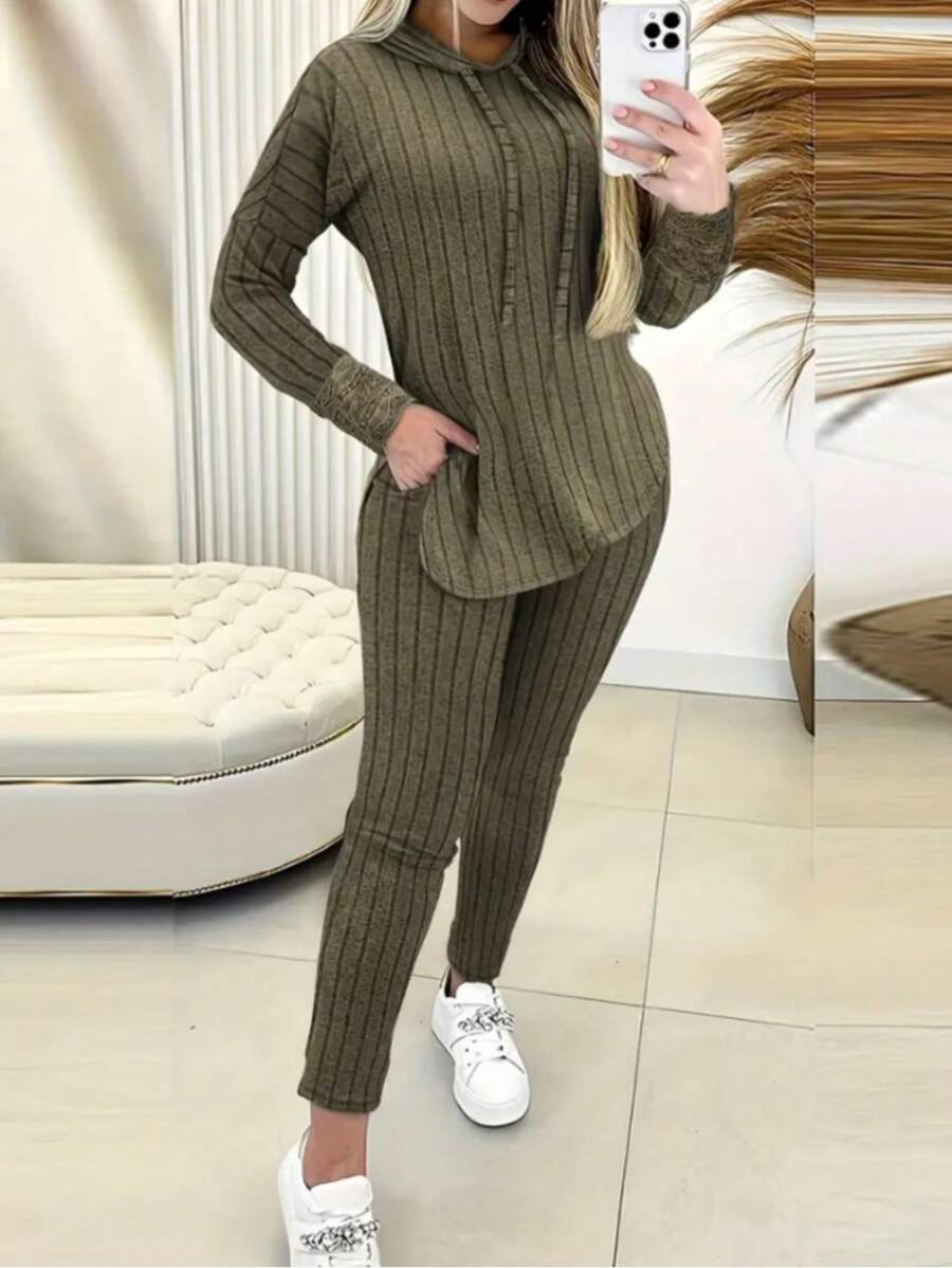 INAWLY 女式抽繩連帽長袖上衣和長褲套裝 - 軍綠色 - 查看 1