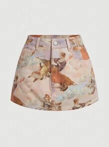 SHEIN MOD 女士印花牛仔短裙 - 粉色 - 查看 1