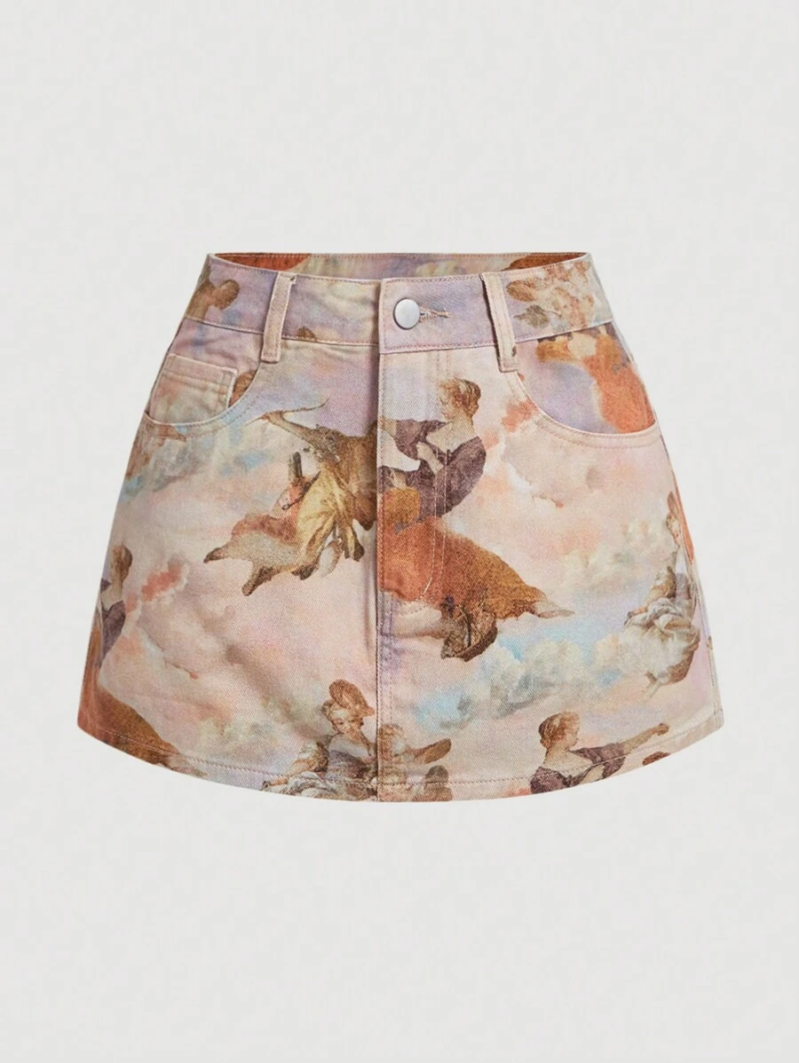SHEIN MOD 女士印花牛仔短裙 - 粉色 - 查看 1