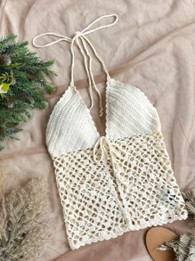 Soleia Women's Hollow Out Halter Knitted Top For Vacation - Beige - View 1