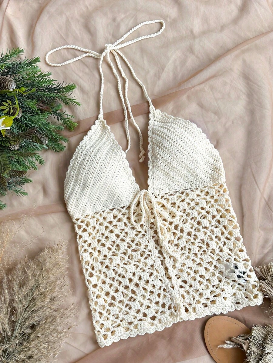 Soleia Women's Hollow Out Halter Knitted Top For Vacation - Beige - View 1