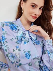 MOTF PREMIUM SILK FLORAL PRINT TIE NECK BLOUSE - Multicolor - View 3