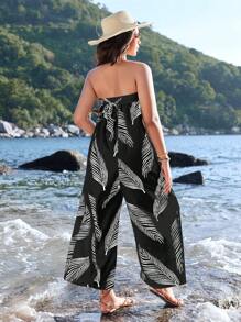 SHEIN VCAY 大碼女士羽毛印花無肩跳躍裝,夏季女士沙灘跳躍裝適用於假期 - 黑色 - 查看 2