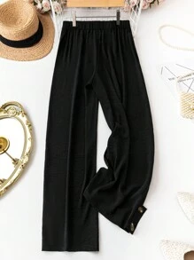 SHEIN LUNE Plus Size Solid Color Casual Button-Decoration Pants