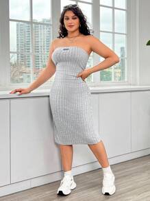 SHEIN EZwear 大尺碼女性夏季舒適純色側開叉無肩帶連衣長裙 - 灰色 - 查看 4