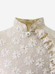 SHEIN Young Girls' Apricot Colored Puff Sleeved Hanfu With Floral Texture