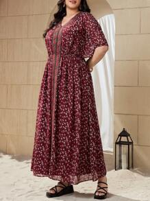 Mulvari Burgundy Red Plus Size Women's Floral Print Batwing Sleeve Dress - Burgundy - View 7