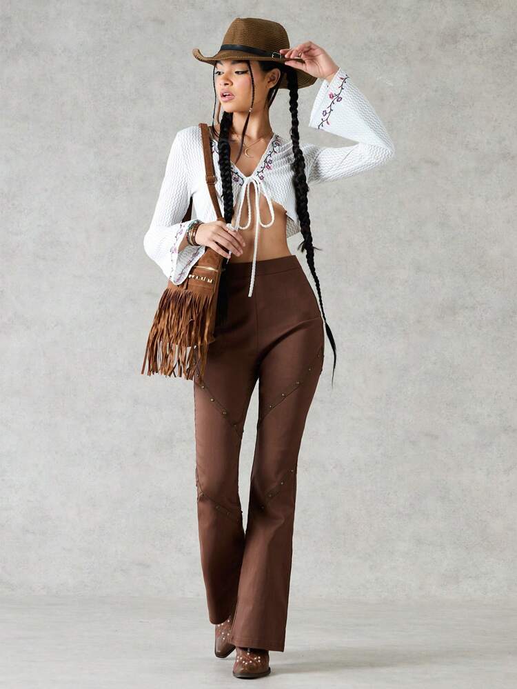 Flower Embroidery Bell Sleeve Tie Front Top Cowboy Western Women Attire