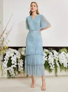 MOTF PREMIUM V-NECK FLARE SLEEVE LAYERED RUFFLE HEM DRESS,HOLIDAY PARTY BIRTHDAY FORMAL EVENING OCCASSION - Blue - View 9