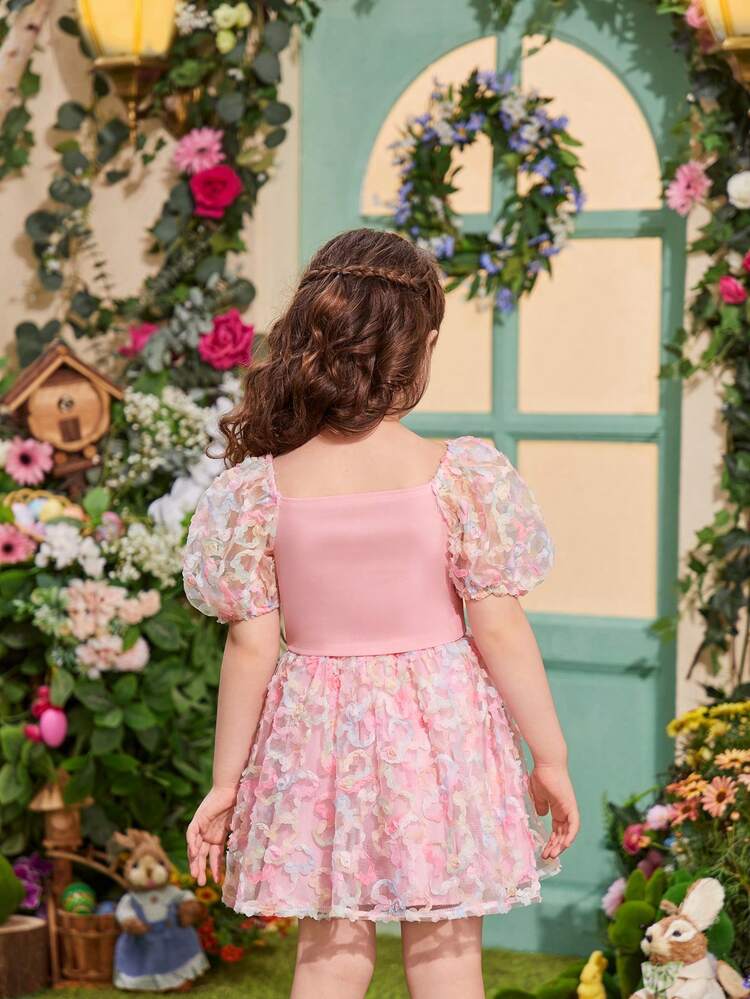 Young Girls' Sweetheart Collar Puff Sleeve Top With Pleats & Decorative Buttons And Cut-Out Detail Skirt Two Pieces Set