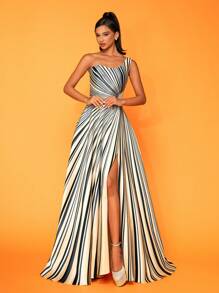 条纹高开叉长款优雅晚礼服 - 香檳色 - 查看 1