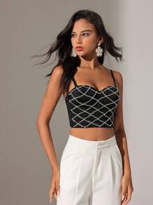 Anewsta Top De Camisola Cortada Decorado Con Diamantes De Imitación Y Patrón De Diamante