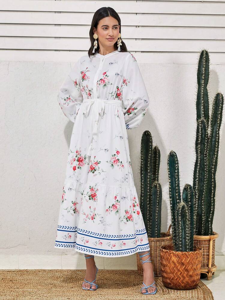 Women'S Floral Printed Lantern Long Sleeve Belted Shirt Dress