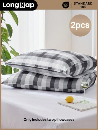 LongNap™ 2pcs 95GSM Thicker Premium Gingham Preppy Style Pillowcases With Envelop Closure, Crisp Feeling & Breathable For Hot Sleepers, Decoration For Bedroom Dorm, Black