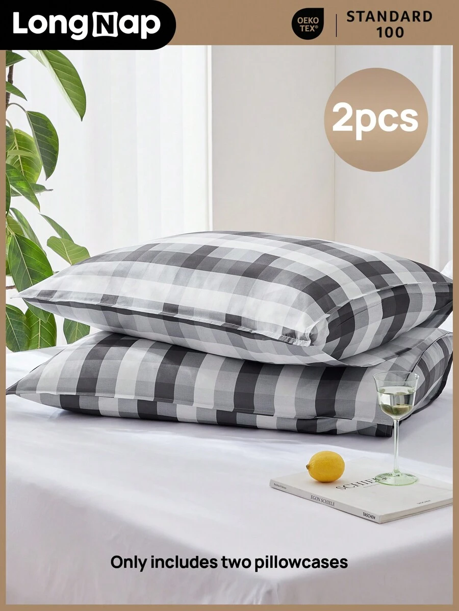 LongNap™ 2 Stück 95GSM dicker Premium-Gingham-vorreitistile Kissenbezüge mit Umschlagverschluss, knuspriges Gefühl und atmungsaktiv für heiße Schlafende, Dekoration für Schlafzimmer Dorm, Schwarz