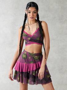 Forever 21 女性太陽臉圖案拼接花邊背心和裙子套裝 - 淺灰紫 - 查看 4