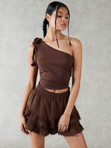 Forever 21 Elastic Waist Ruffle Hem Shorts - Brown - View 4
