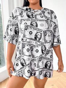 Flirla Áo thun tay ngắn in hình đô la cỡ lớn thả vai - Nhiều màu - Xem 1