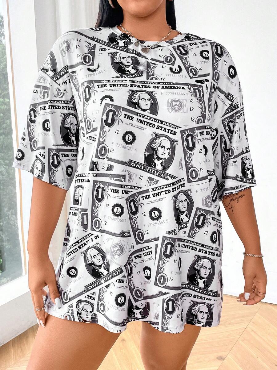 Flirla Áo thun tay ngắn in hình đô la cỡ lớn thả vai - Nhiều màu - Xem 1