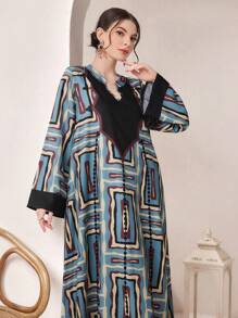 Al Najma Women's Loose Fit Printed Notched Collar Dress With Flared Sleeves, Modest Full Length Casual Jalabiya - Multicolor - View 7