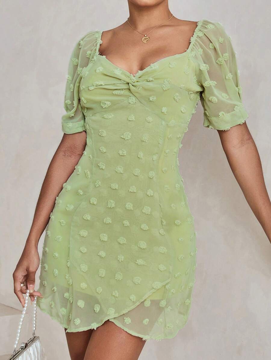 GENKIRA Textured Short Sleeve Wrap Dress With Knot Detailing At Waist - Green - View 1