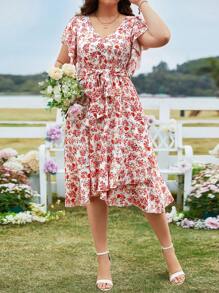 SHEIN Franclia Plus Size Women's Floral Print Ruffled Hem Short Sleeve Dress - Multicolor - View 4