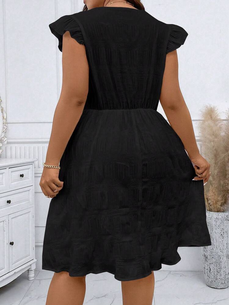 Plus Size V-Neck Dress With Cinching Waist, Ruffle Trim, Button Detail
