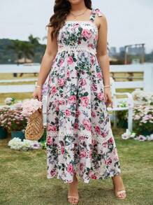 Celure 大碼花卉印花蕾絲修邊打結肩帶鑲嵌連身裙 - 彩色 - 查看 5