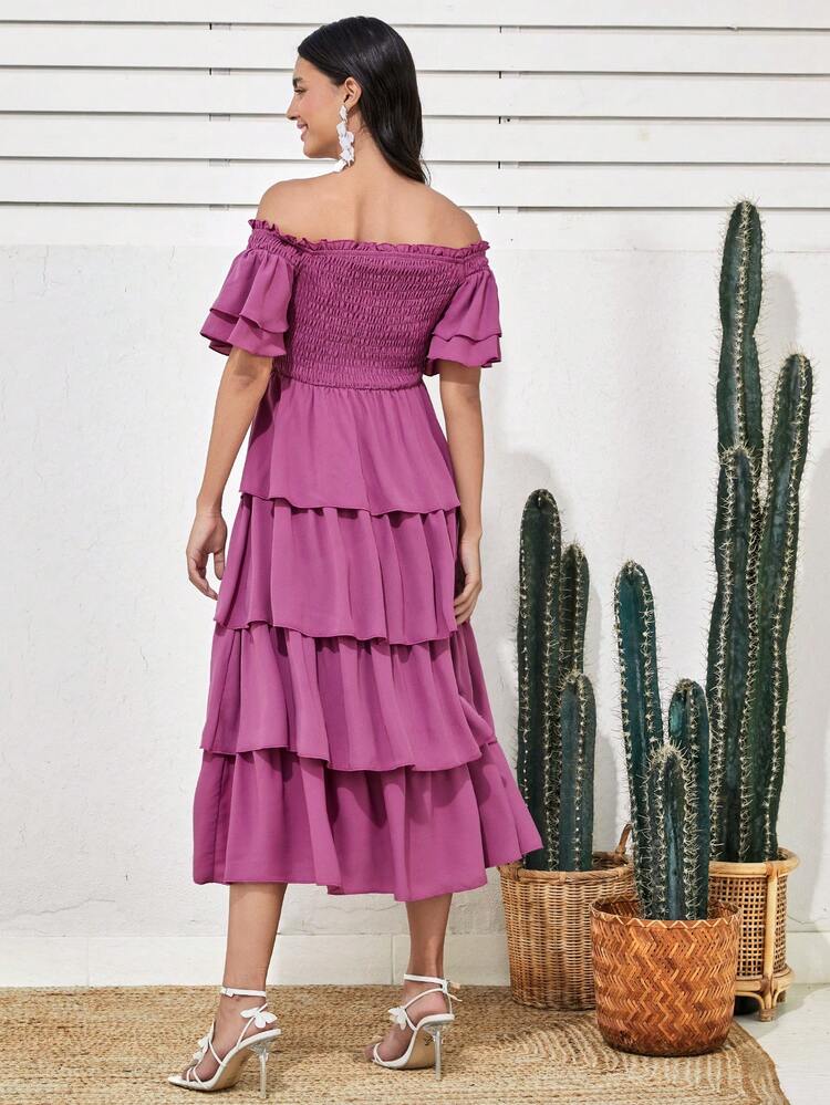 Women's Off-Shoulder Multi-Layer Ruffle Hem Dress