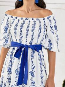 Mulvari Women's Floral Off Shoulder Mini Dress - Blue and White - View 1