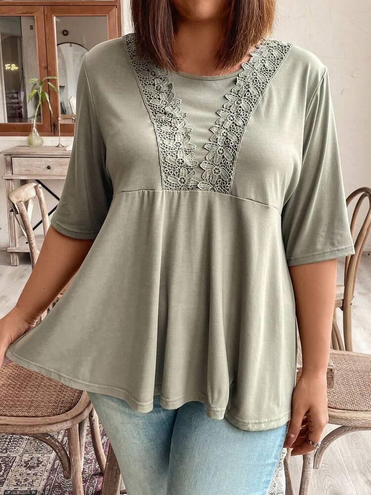 Plus Size Lace Splice Round Neck Casual T-Shirt