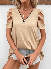 SHEIN LUNE Women T-Shirts Memotong Zip Plain Casual - Khaki - View 5