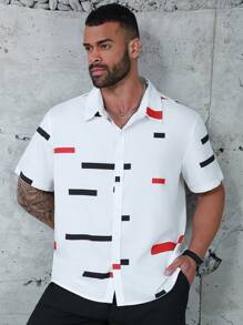 Manfinity Homme Men's Plus Size Red & Black Stripe Design T-Shirt Set - White - View 3
