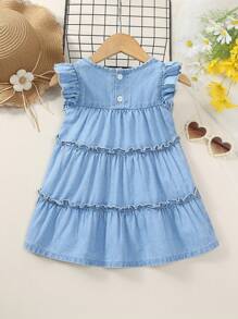 Baby Girl's Adorable And Sweet Lace Edge Cami Denim Dress With Comfortable And Loose Fit - Light Wash - View 2