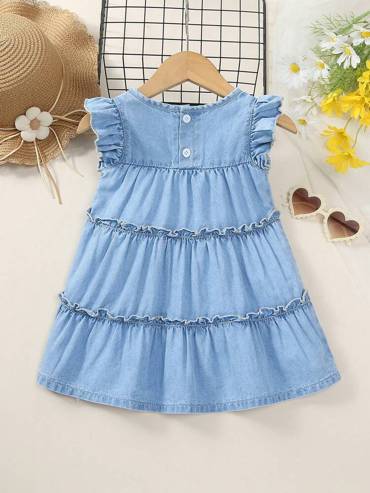 Baby Girl's Adorable And Sweet Lace Edge Cami Denim Dress With Comfortable And Loose Fit