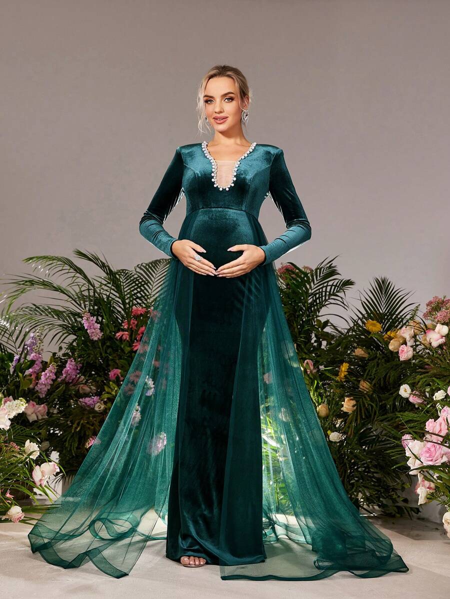 Faeriesty Dressalisa 孕妇珍珠细节网眼覆盖天鹅绒美人鱼舞会礼服