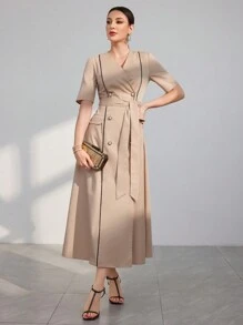 Modelyn Women's Color Block Dress With Ruffled Edge And Double Breasted Waist Belt