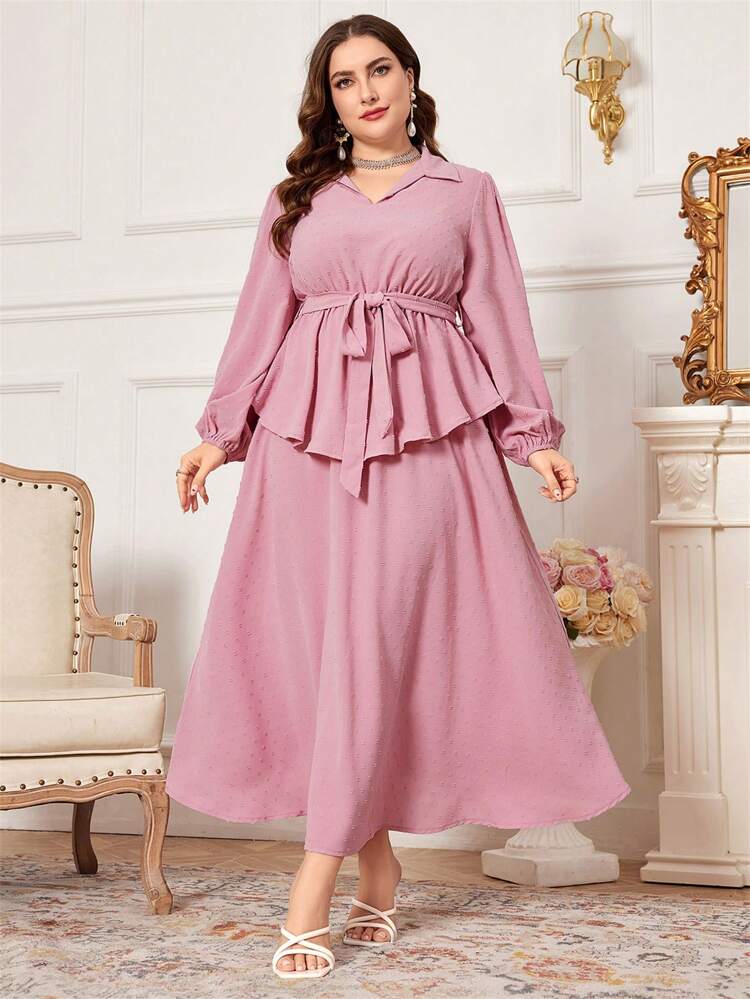 Plus Size Women's Fashionable Set Of Ruffled Hem Blouse And Skirt 2 Piece Set