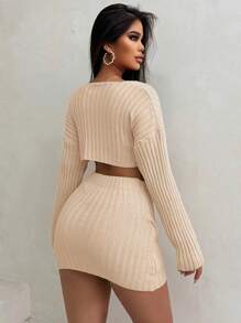 Zolique Women's Cropped Drop Shoulder Long Sleeve Sweater & Knitted Skirt Set Fall Cloth For Women - Apricot - View 2